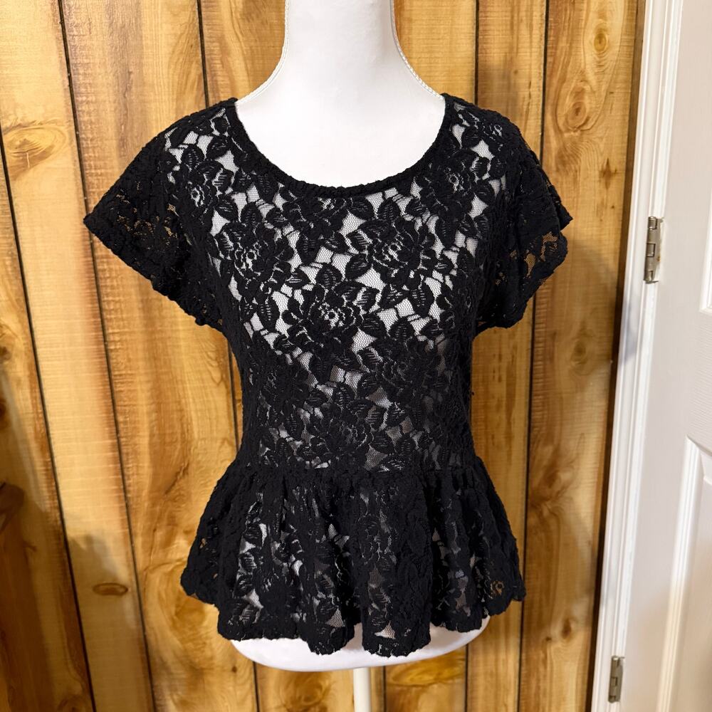 Ransom Black Sheer Floral Burnout Peplum Top S